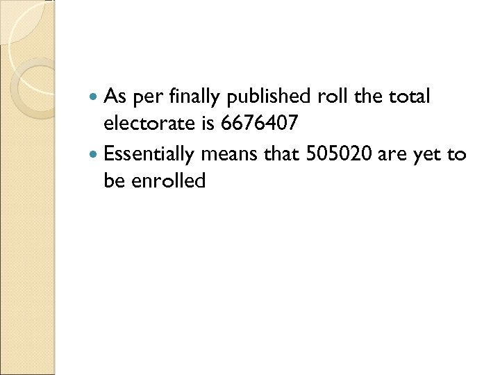  As per finally published roll the total electorate is 6676407 Essentially means that