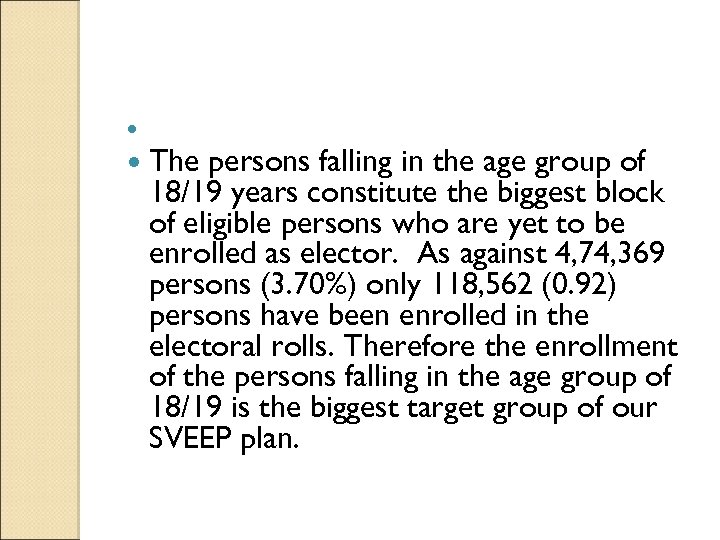  The persons falling in the age group of 18/19 years constitute the biggest