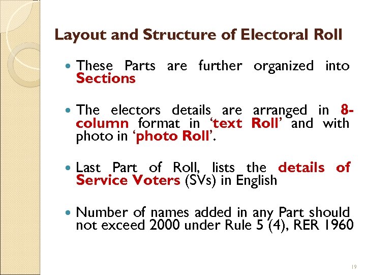 Layout and Structure of Electoral Roll These Parts are further organized into Sections The