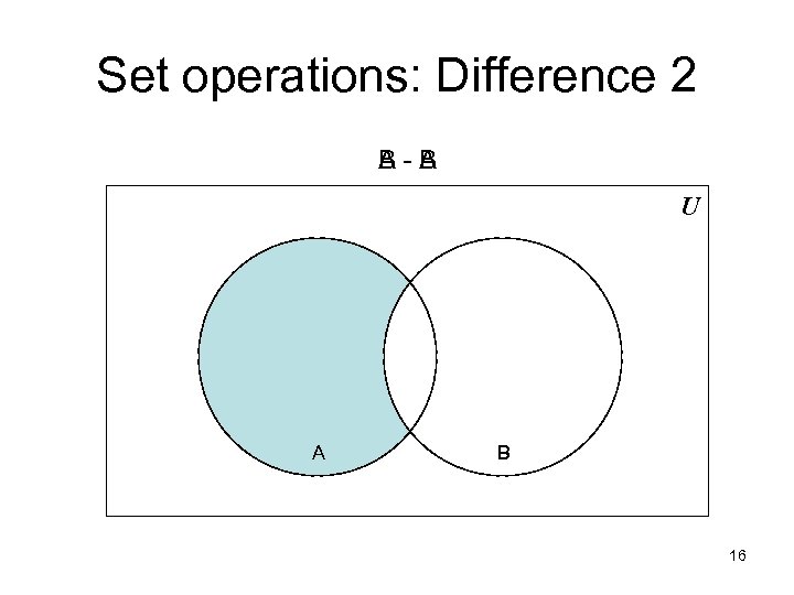 Set operations: Difference 2 A B B-A U A B 16 