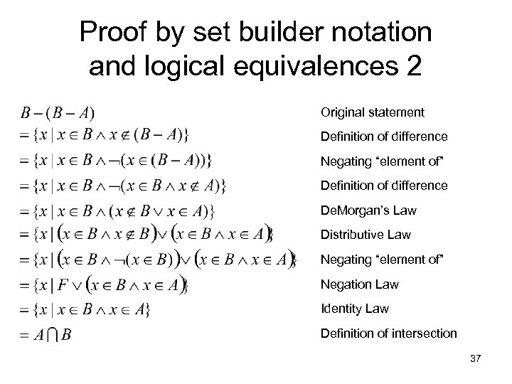 Proof by set builder notation and logical equivalences 2 Original statement Definition of difference