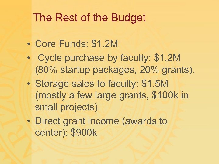 The Rest of the Budget • Core Funds: $1. 2 M • Cycle purchase