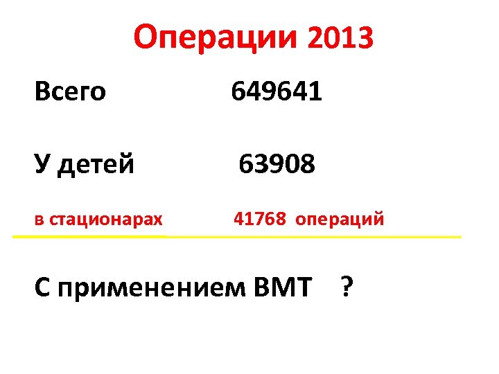 Операции 2013 Всего 649641 У детей 63908 в стационарах 41768 операций С применением ВМТ