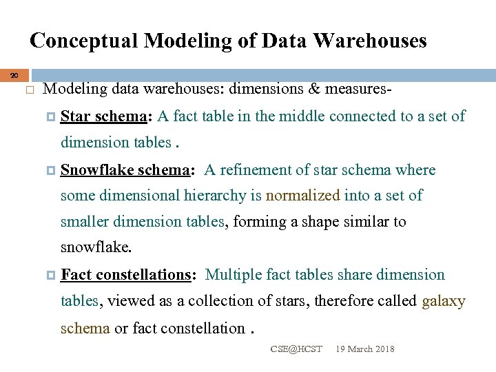 Conceptual Modeling of Data Warehouses 20 Modeling data warehouses: dimensions & measures Star schema: