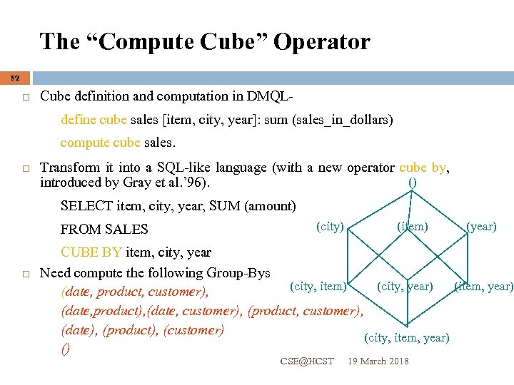 The “Compute Cube” Operator 52 Cube definition and computation in DMQLdefine cube sales [item,