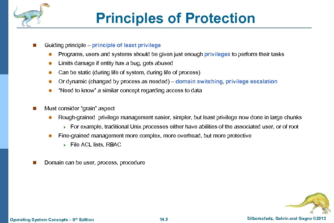 Principles of Protection n Guiding principle – principle of least privilege l l Limits