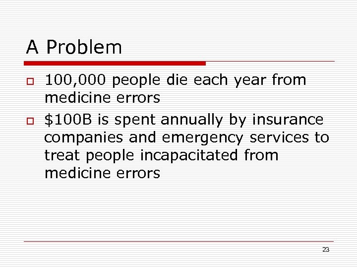 A Problem o o 100, 000 people die each year from medicine errors $100