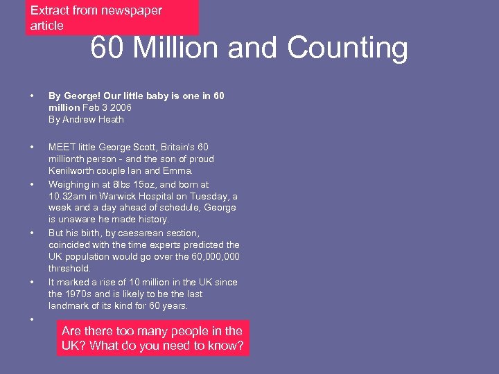 Extract from newspaper article 60 Million and Counting • • • By George! Our