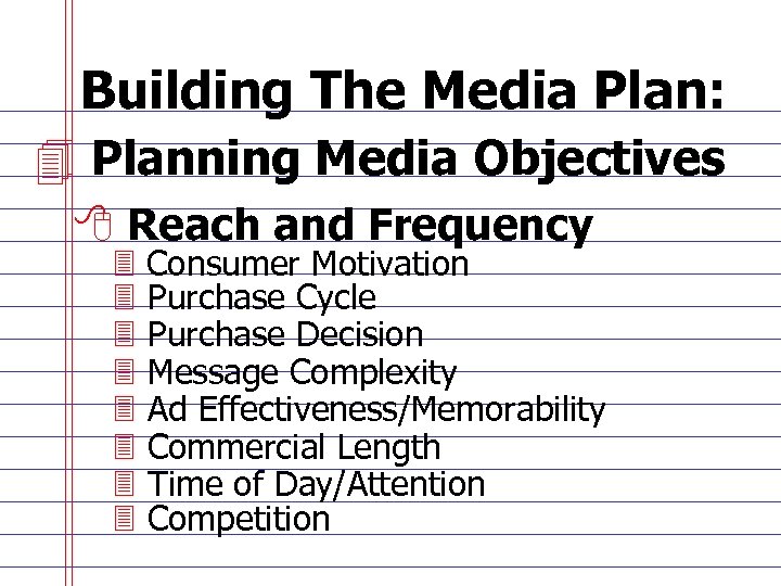 Building The Media Plan: 4 Planning Media Objectives 8 Reach and Frequency 3 Consumer