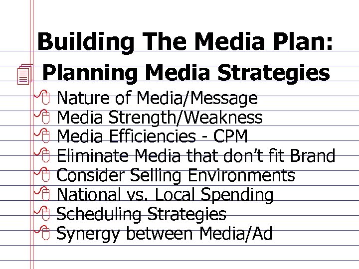 Building The Media Plan: 4 Planning Media Strategies 8 8 8 8 Nature of
