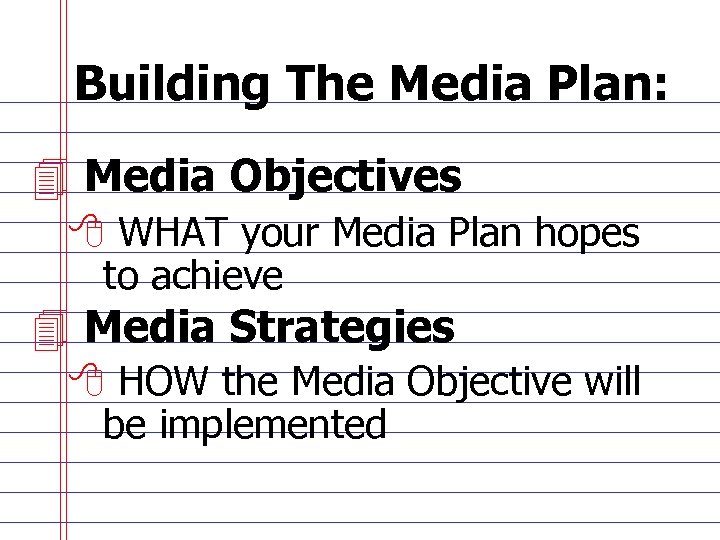 Building The Media Plan: 4 Media Objectives 8 WHAT your Media Plan hopes to