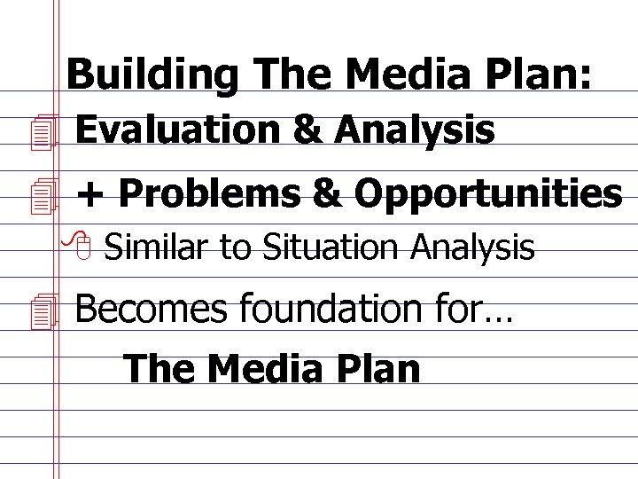 Building The Media Plan: 4 Evaluation & Analysis 4 + Problems & Opportunities 8
