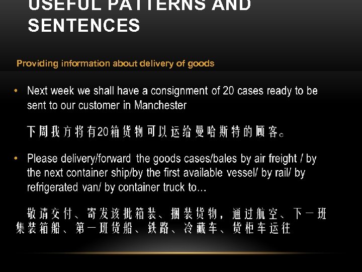 USEFUL PATTERNS AND SENTENCES Providing information about delivery of goods 