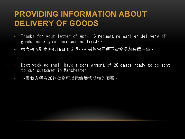 PROVIDING INFORMATION ABOUT DELIVERY OF GOODS • Thanks for your letter of April 6