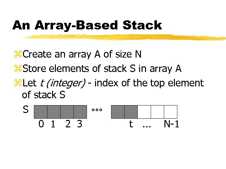 An Array-Based Stack z. Create an array A of size N z. Store elements