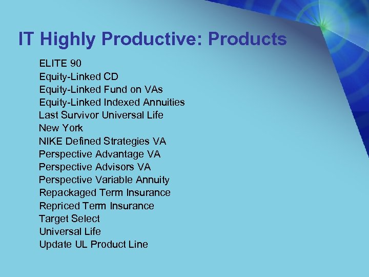 IT Highly Productive: Products ELITE 90 Equity-Linked CD Equity-Linked Fund on VAs Equity-Linked Indexed