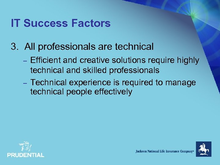 IT Success Factors 3. All professionals are technical – – Efficient and creative solutions