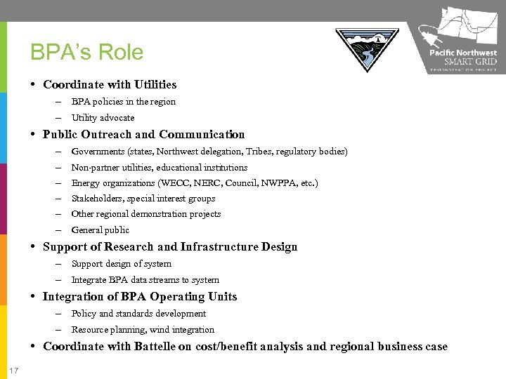 BPA’s Role • Coordinate with Utilities – BPA policies in the region – Utility