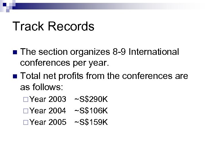 Track Records The section organizes 8 -9 International conferences per year. n Total net
