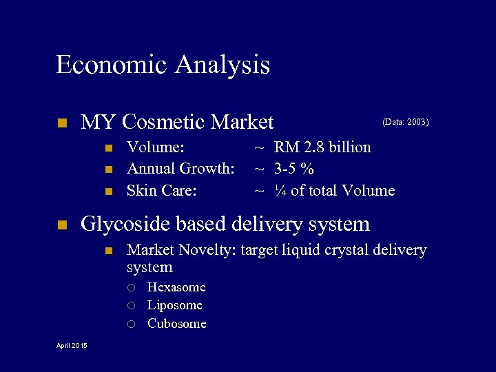 Economic Analysis n MY Cosmetic Market n n Volume: Annual Growth: Skin Care: (Data: