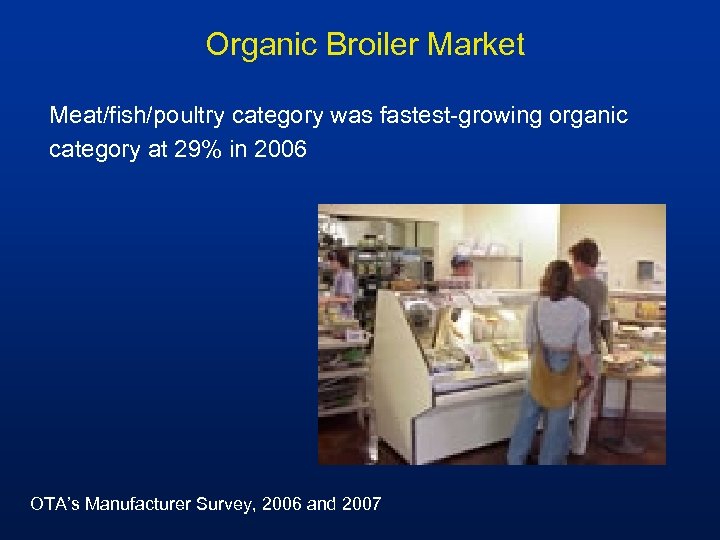 Organic Broiler Market Meat/fish/poultry category was fastest-growing organic category at 29% in 2006 OTA’s