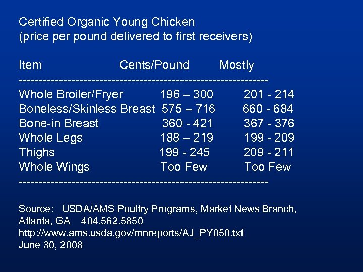 Certified Organic Young Chicken (price per pound delivered to first receivers) Item Cents/Pound Mostly