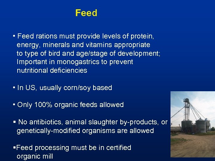 Feed • Feed rations must provide levels of protein, energy, minerals and vitamins appropriate