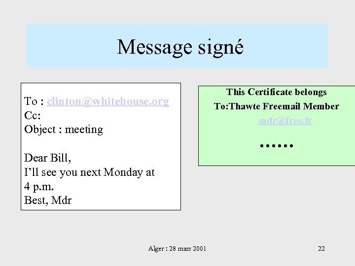  Message signé To : clinton@whitehouse. org Cc: Object : meeting Dear Bill, I’ll