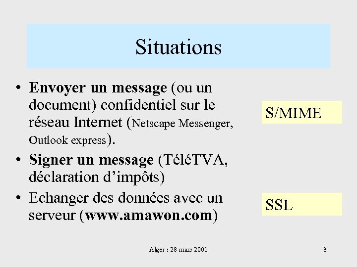 Situations • Envoyer un message (ou un document) confidentiel sur le réseau Internet (Netscape