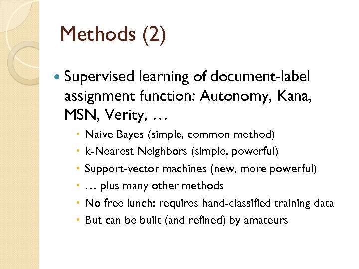 Methods (2) Supervised learning of document-label assignment function: Autonomy, Kana, MSN, Verity, … Naive