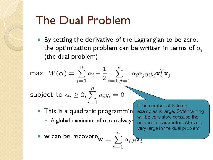 The Dual Problem By setting the derivative of the Lagrangian to be zero, the