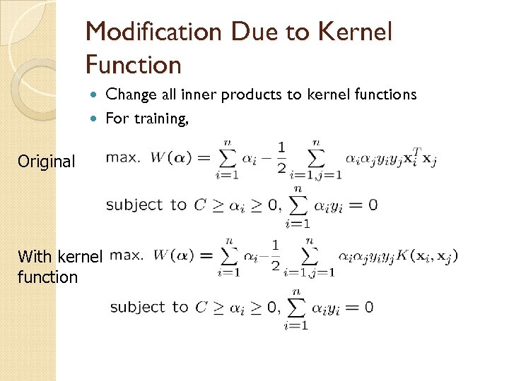 Modification Due to Kernel Function Change all inner products to kernel functions For training,