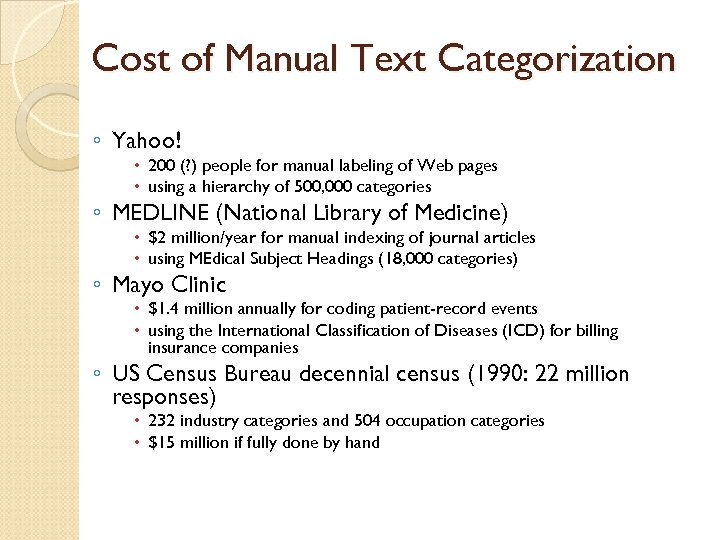 Cost of Manual Text Categorization ◦ Yahoo! 200 (? ) people for manual labeling