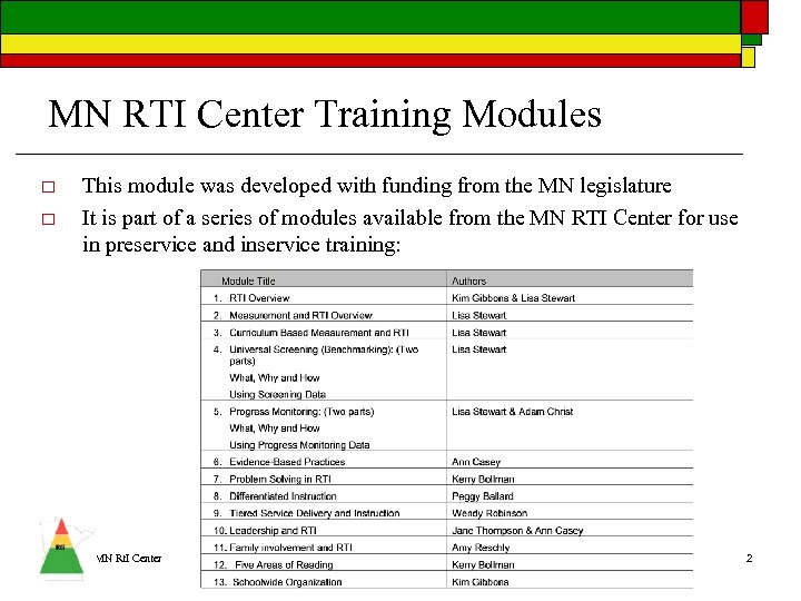 MN RTI Center Training Modules o o This module was developed with funding from