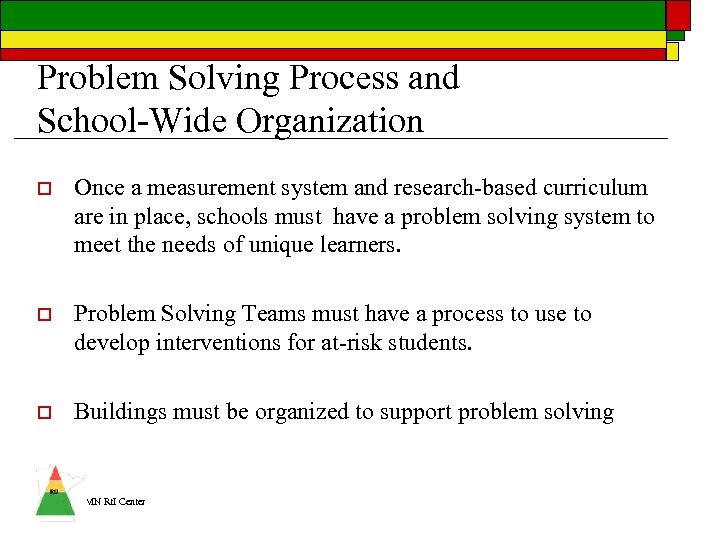 Problem Solving Process and School-Wide Organization o Once a measurement system and research-based curriculum