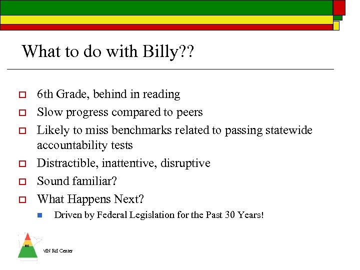 What to do with Billy? ? o o o 6 th Grade, behind in