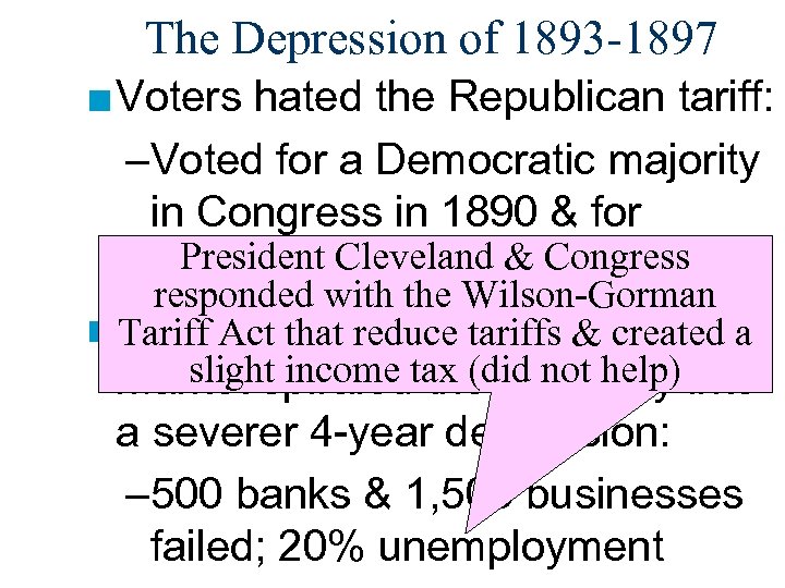 The Depression of 1893 -1897 ■ Voters hated the Republican tariff: –Voted for a