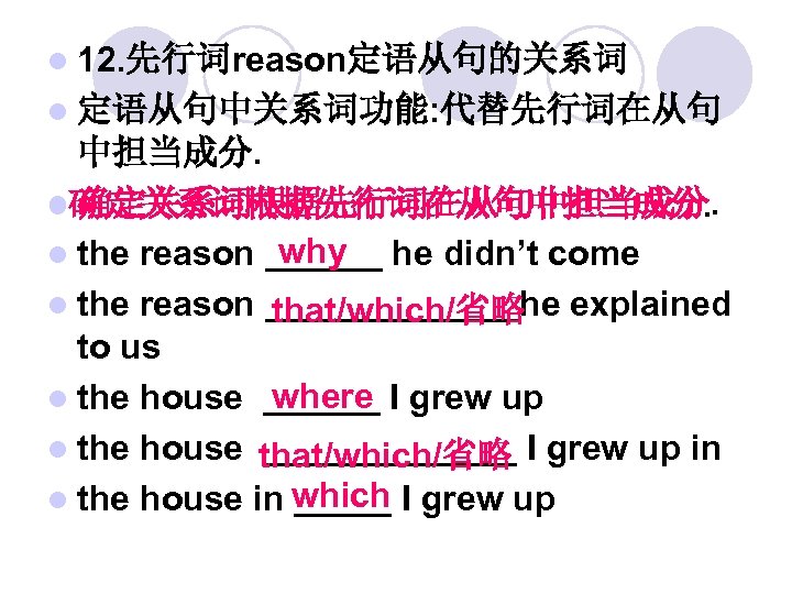 l 12. 先行词reason定语从句的关系词 l 定语从句中关系词功能: 代替先行词在从句 中担当成分. l确定关系词根据先行词在从句中担当成分. why l the reason ______ he