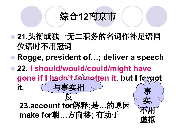 综合12南京市 l 21. 头衔或独一无二职务的名词作补足语同 位语时不用冠词 l Rogge, president of…; deliver a speech l 22.