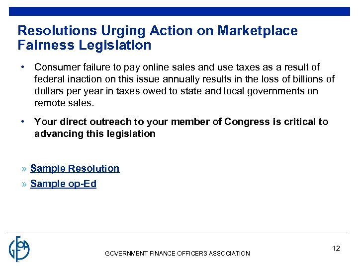 Resolutions Urging Action on Marketplace Fairness Legislation • Consumer failure to pay online sales