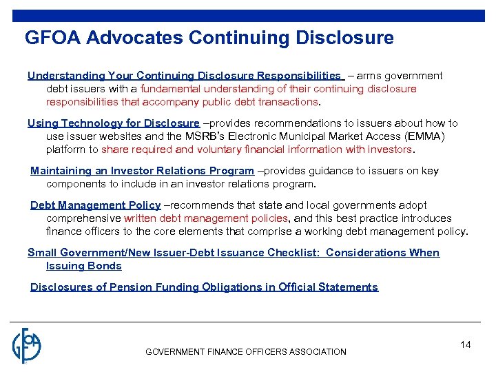 GFOA Advocates Continuing Disclosure Understanding Your Continuing Disclosure Responsibilities – arms government debt issuers