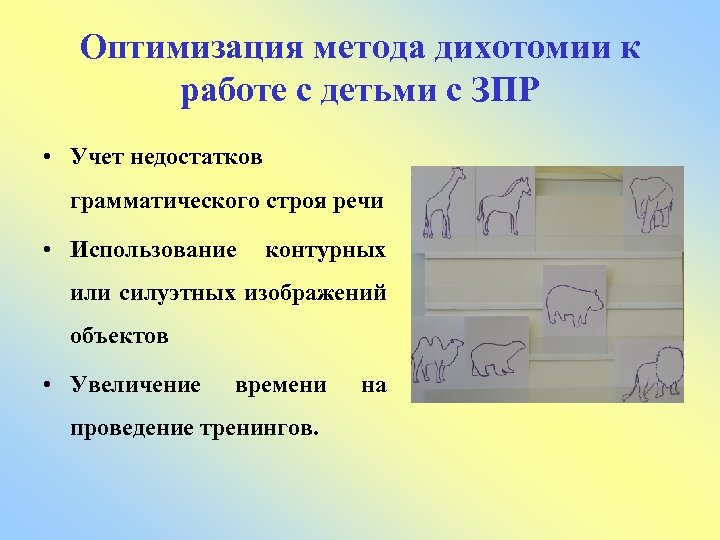 Оптимизация метода дихотомии к работе с детьми с ЗПР • Учет недостатков грамматического строя