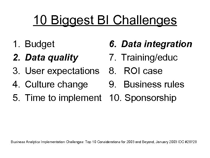 10 Biggest BI Challenges 1. 2. 3. 4. 5. Budget Data quality User expectations
