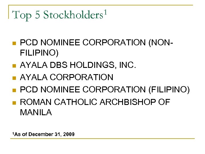 Top 5 n n n 1 Stockholders PCD NOMINEE CORPORATION (NONFILIPINO) AYALA DBS HOLDINGS,