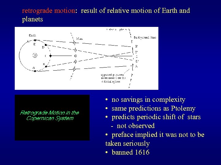 retrograde motion: result of relative motion of Earth and planets • no savings in