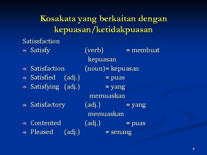 Kosakata yang berkaitan dengan kepuasan/ketidakpuasan Satissfaction Satisfy Satisfaction Satisfied (adj. ) Satisfying (adj. )