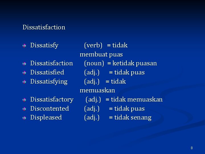 Dissatisfaction Dissatisfy (verb) = tidak membuat puas Dissatisfaction (noun) = ketidak puasan Dissatisfied (adj.
