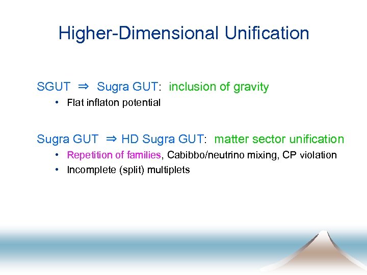 Higher-Dimensional Unification SGUT ⇒ Sugra GUT: inclusion of gravity • Flat inflaton potential Sugra