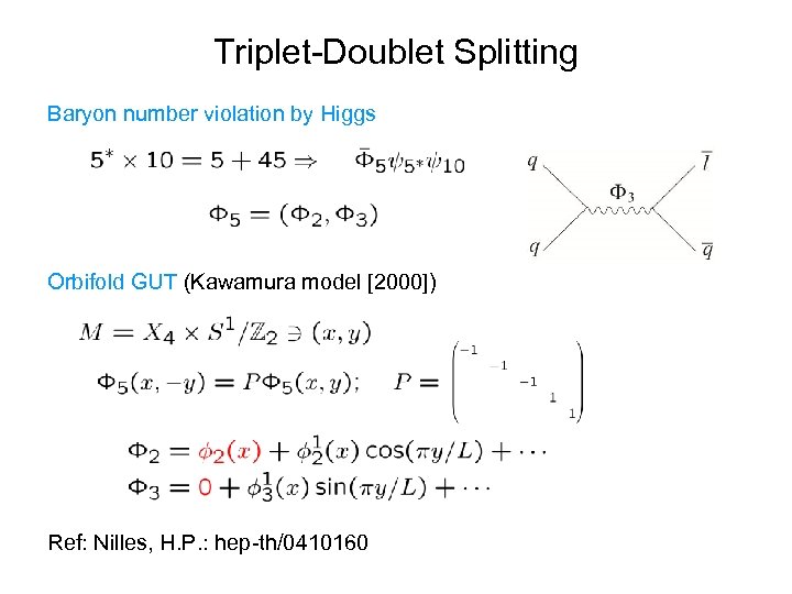 Triplet-Doublet Splitting Baryon number violation by Higgs Orbifold GUT (Kawamura model [2000]) Ref: Nilles,