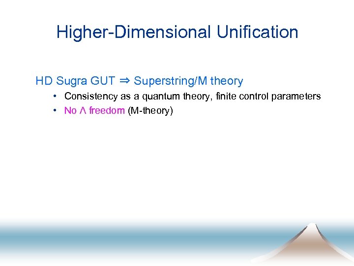 Higher-Dimensional Unification HD Sugra GUT ⇒ Superstring/M theory • Consistency as a quantum theory,